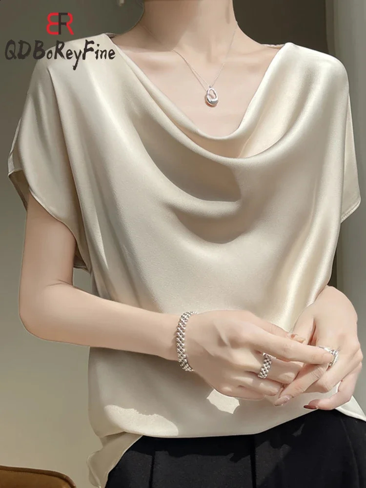 Elegant Womens Tshirt Summer Satin Short Sleeve Swinging Neck Basic White Shirt Office Casual Top 240823