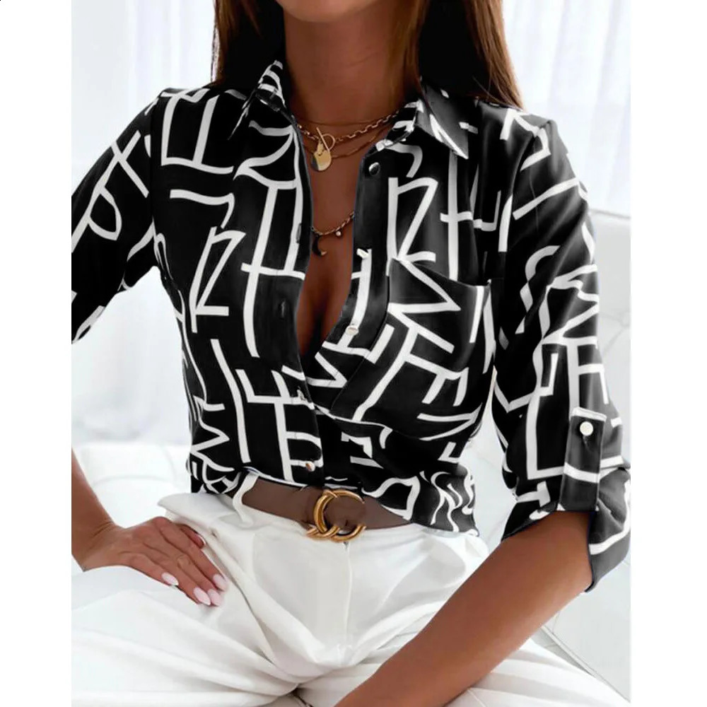 Letter Print Blouse Shirt Women Spring Autumn Temperament Top Long Sleeve Elegant Office Ladies Slim Fit Pocket Shirt 240823