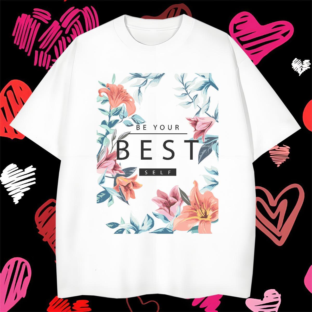 2024 Summer Men Clothes T-Shirt flower Casual 230g Cotton Tops Breathable Short Sleeve Brand Mens T Shirts Black White