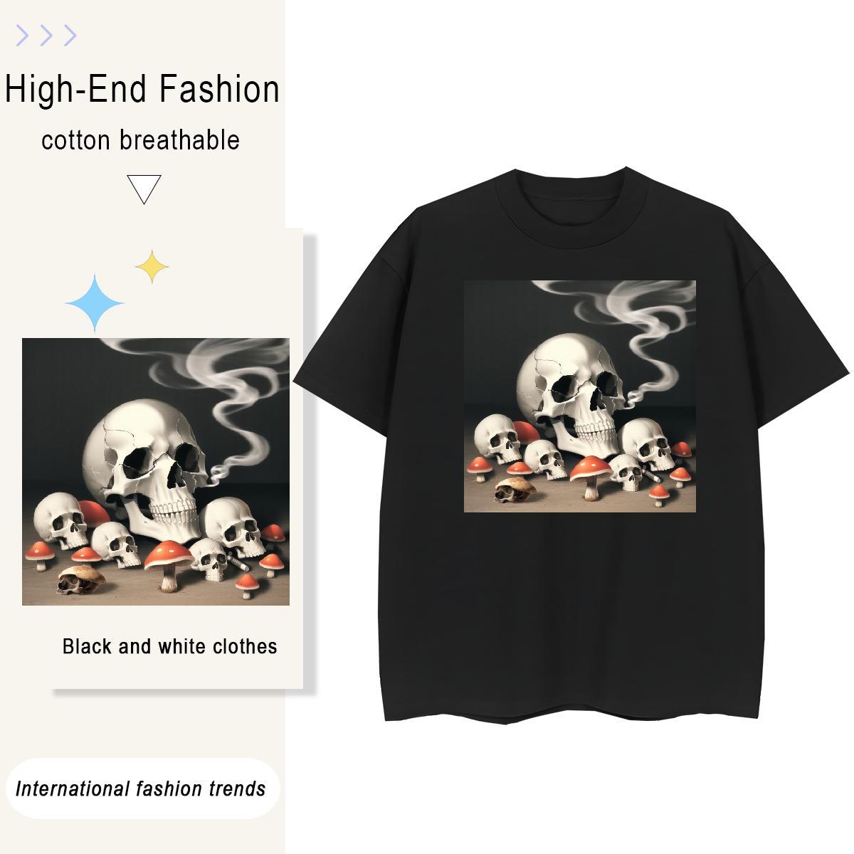 Unisex T-Shirts 100% Cotton 230g skull High Street Hip Hop Floral Print Crew Neck Breathable Men Tshirts 2024 Tops