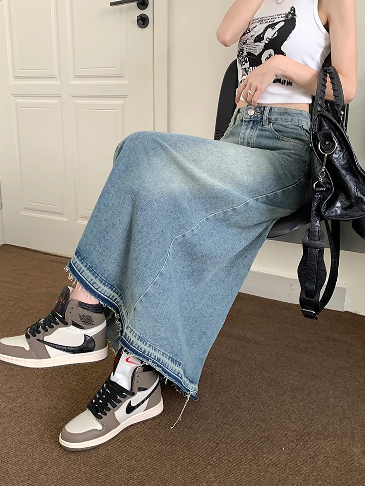 REDDACHiC Y2k Raw Edge Stitch Maxi Denim Skirt Plain Casual High Waist Long Jeans Skirt Korean Dongdaemun Retro Women Streetwear 240823