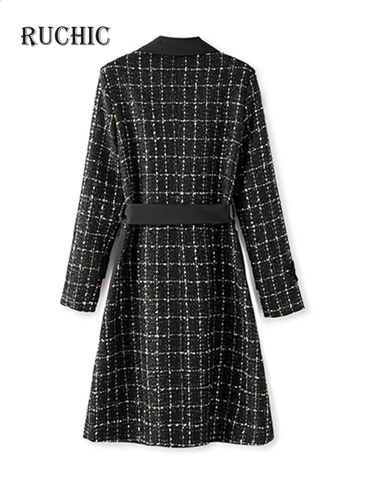 RuChic Autumn Women Fashion Dress Notched Collar Long Sleeve Tweed Double Breasted Lace-up Waist Elegant Dresses 240824