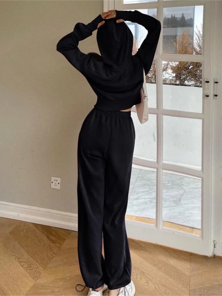 Autumn Casual Pink Hooded Sweatshirts Women Coat Double Zip Up Hoodies Crop Top Drawstring Waist Sweatpant Grey Harem Pants Wild 240824