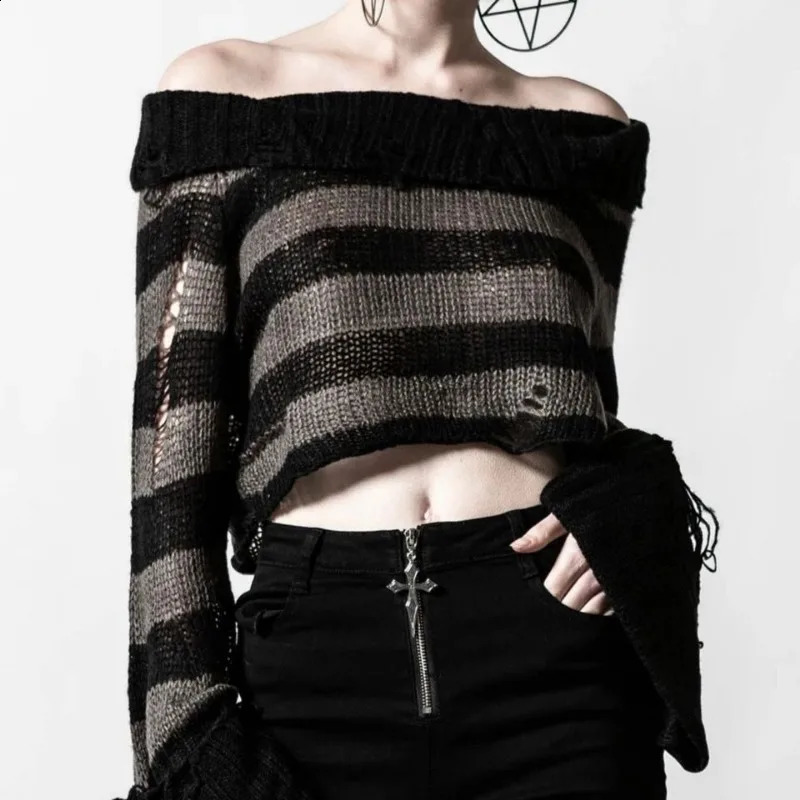 Deeptown Gothic Striped Cropped Women Knit Sweater Off Shoulder Y2K Hole Pullovers Harajuku Vintage Spring Punk Korean Fashion 240824