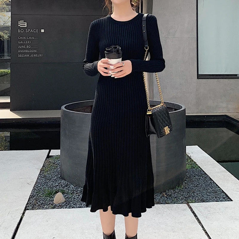 Women Clothing Autumn Winter Fashion Elegant Ruffle Ribbed Knitted Dresses Casual Solid O Neck Long Sleeve Slim Basic Midi Dress 240824