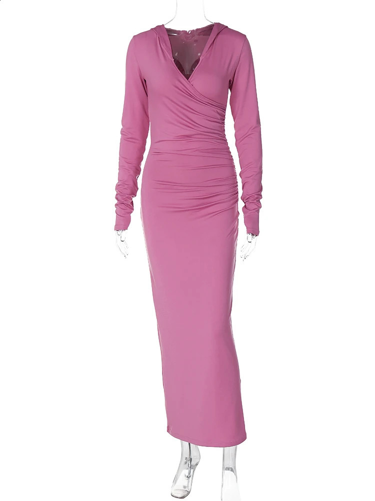 Hugcitar Solid Hoodies V Neck Long Sleeve Draped Sexy Slim Maxi Dress Winter Women Fashion Y2K Outfits Streetwear Party 240823