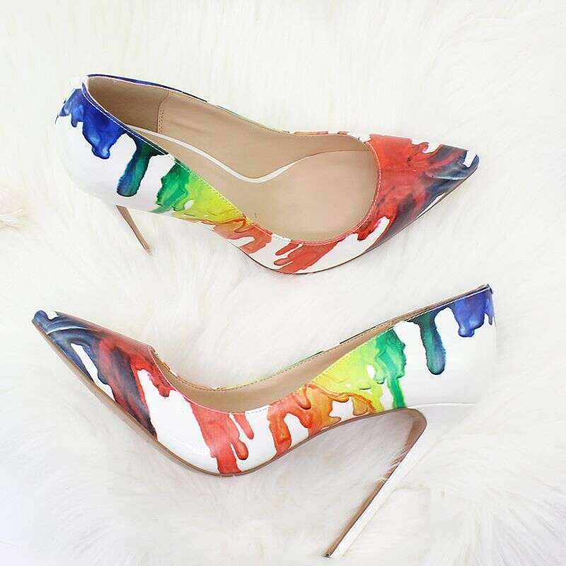 Woman Splash Watercolor Printed Leather Multicolor Dress Heels Wedding Pump Thin High Heeled Party Pointed Toe Shoes 241113