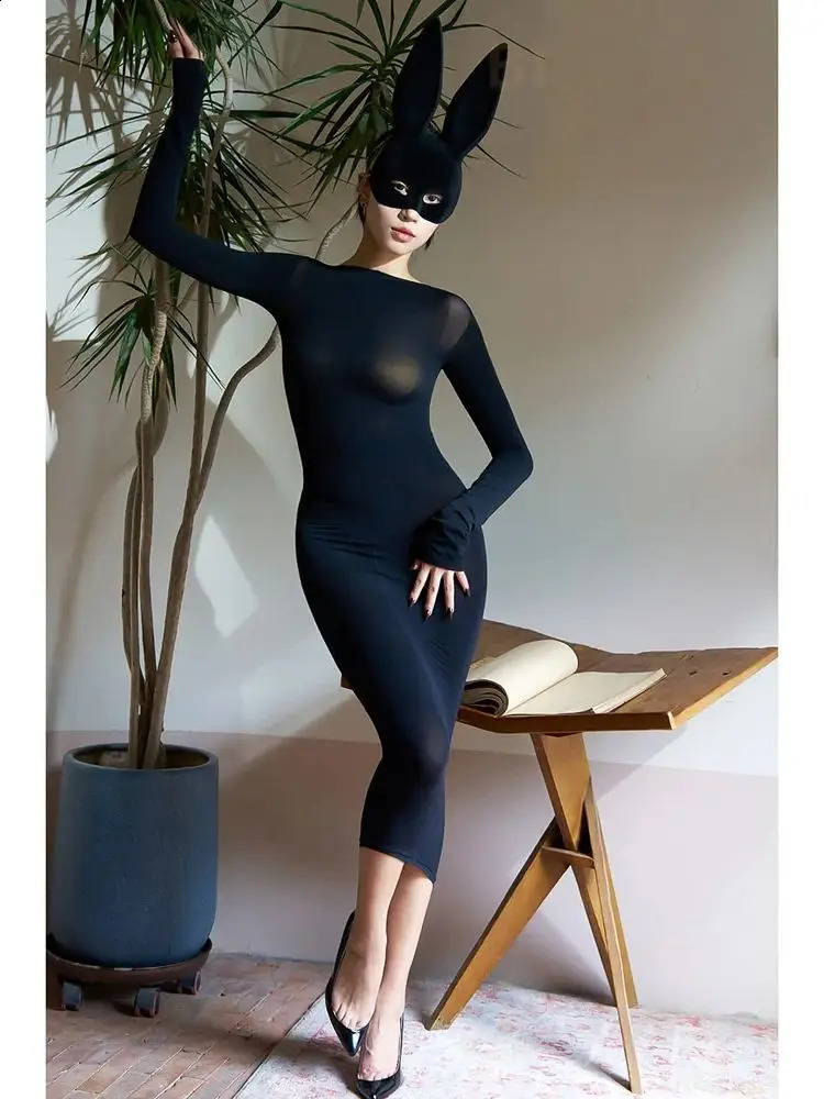 Long Sleeve 120D Matt Nylon Midi Dress Tights Package Hip Dresses Bodystocking Transparent Sexy Vestido Lingerie Clubwear Jupe 240823