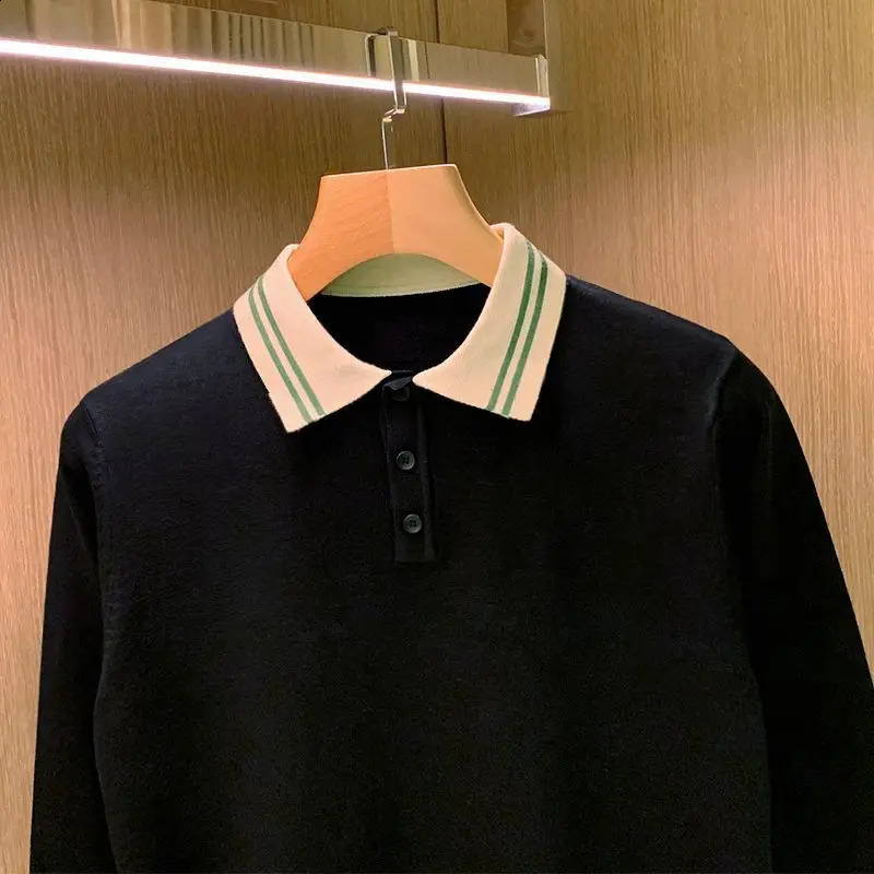 Korean Fashion Men Polo Shirts Long Sleeve Knitted Turn-down Collar T-shirts Patchwork Slim Casual Tops 240824