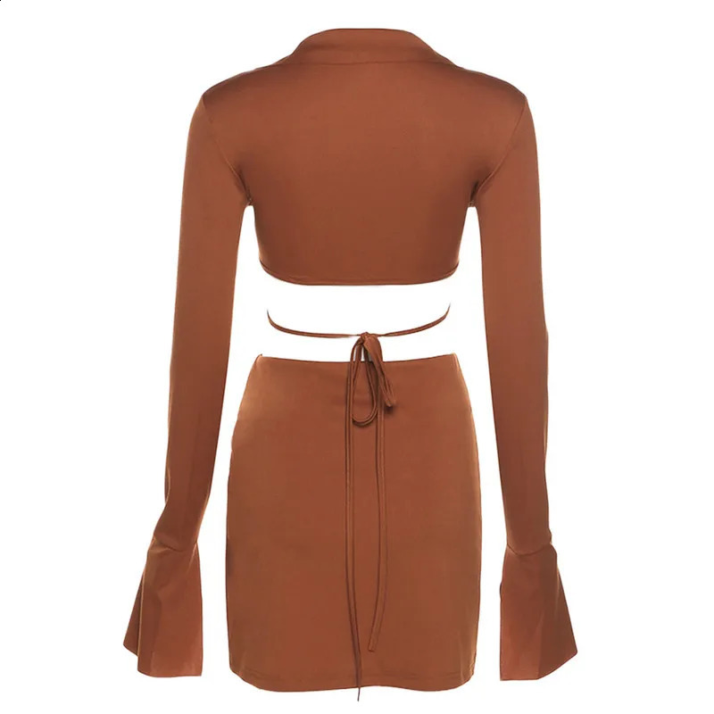 WPNAKS Women 2 Piece Skirts Sets Autumn Clothes Solid Color Long Sleeve Lapel Crop Tops and Mini Skirt Set Sexy Club 240823