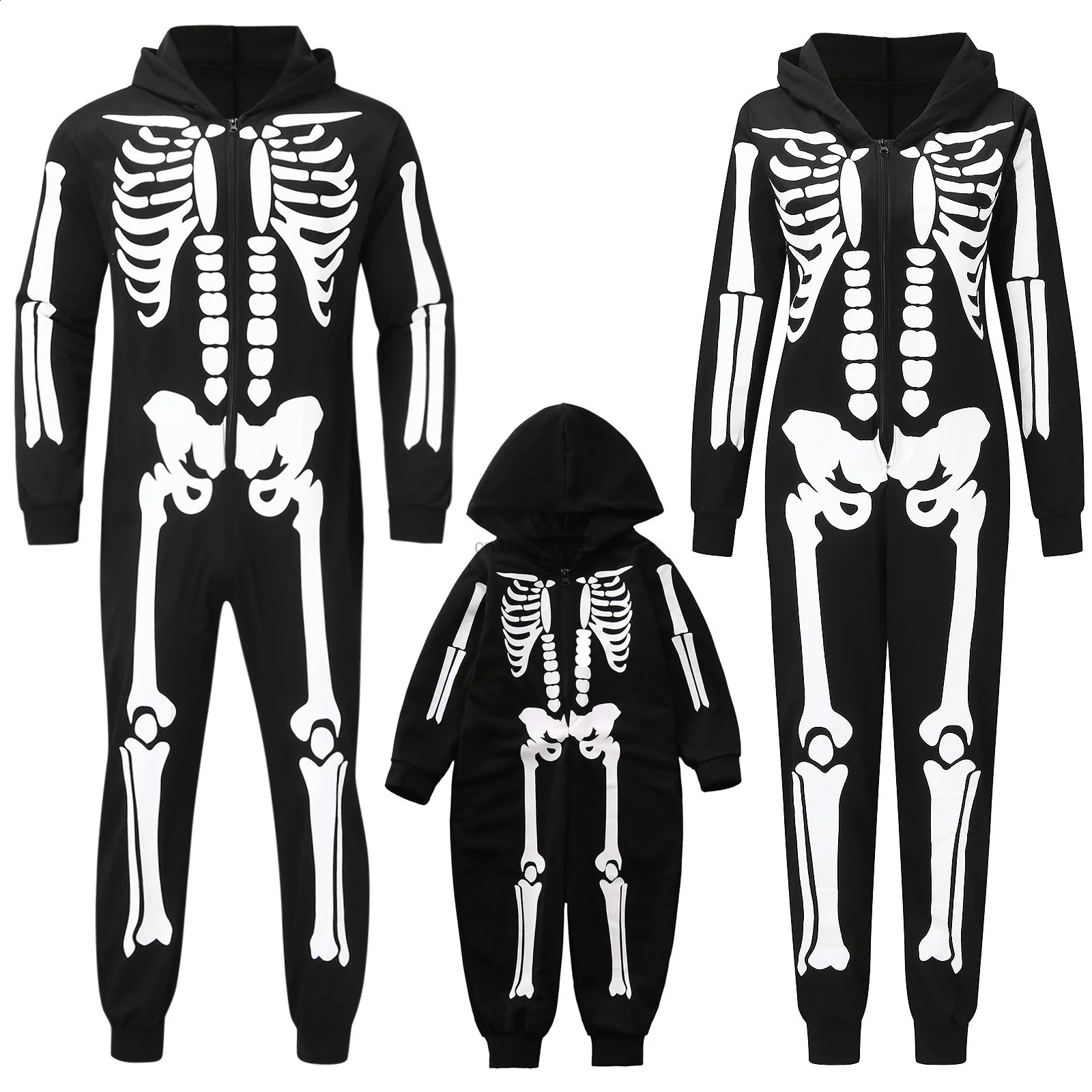 Halloween Carnival costume family bone skeleton jumpsuit roleplaying zipper hoodie adult children boys and girls 240823