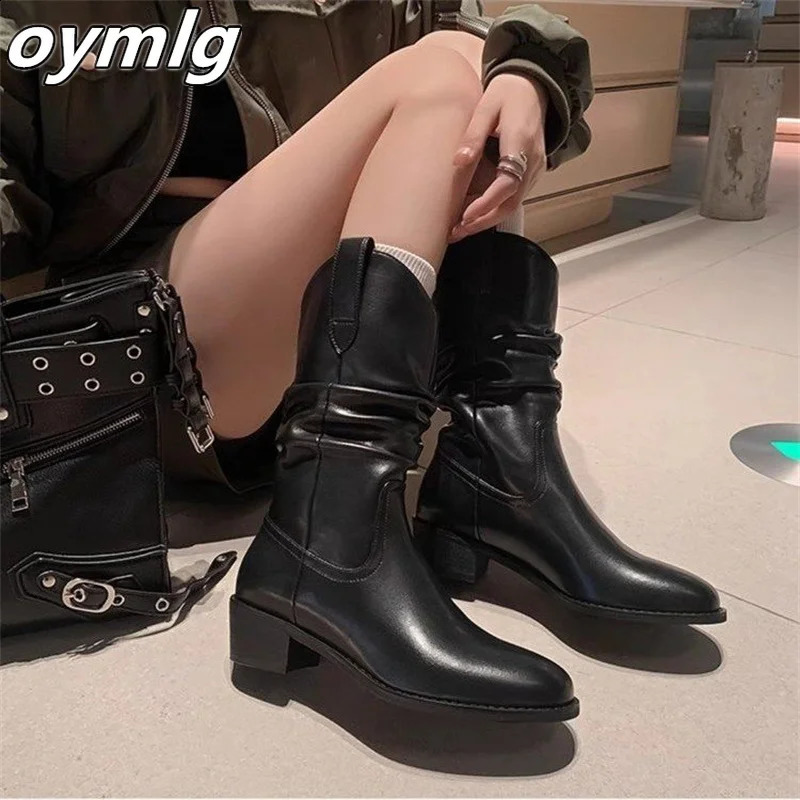 2024 Autumn/Winter Western Cowboy Boots Mid Leg Boots Suede Boots Foot Stacked Chelsea Boots 240823