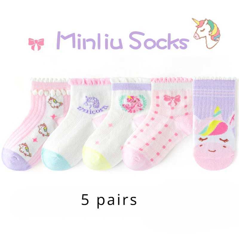 Five Pairs of Spring and Summer Thin Childrens Cartoon Cute Unicorn Fashion Lace Mesh Breathable Comfortable Socks CL240824