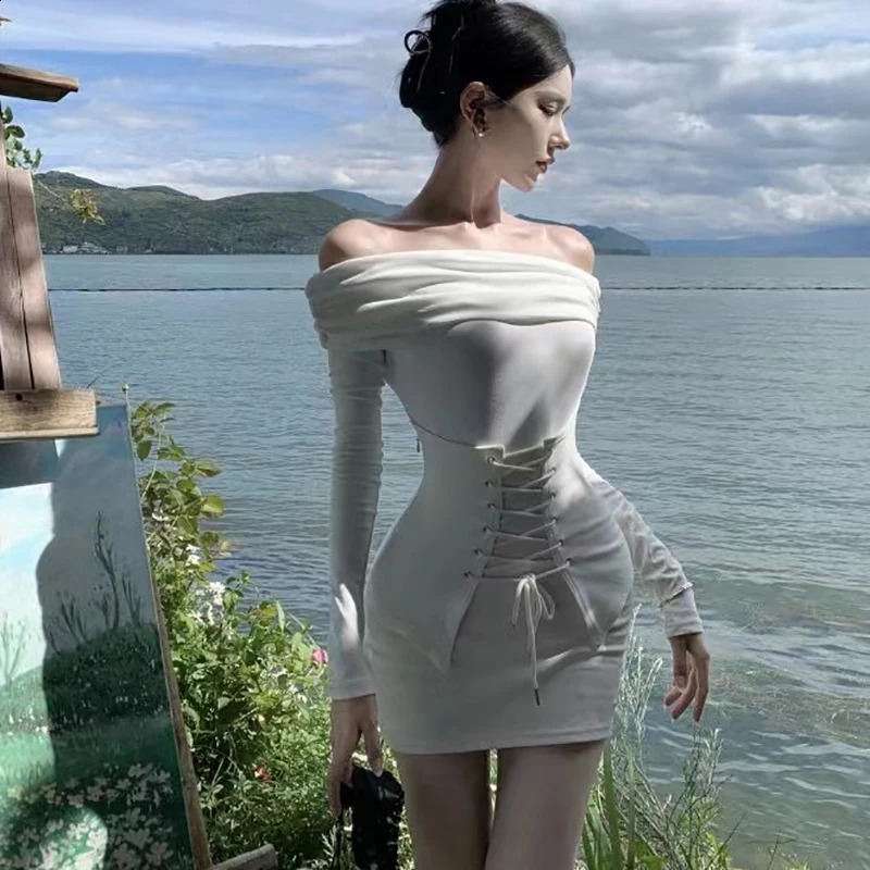 Womens Clothing Fall Off Shoulder Long Sleeve Strap Short Spice Club Party Dress White Color 240823