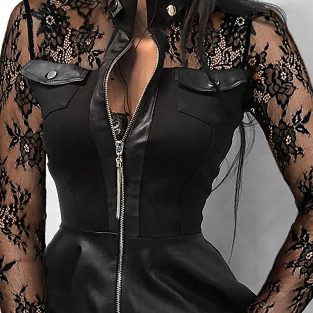 Fashion Dresses Women Lace Long Sleeve Zipper Pocket Large Hem Faux Leather Mini Dress Party elegant slim Sexy Women Dress 240823