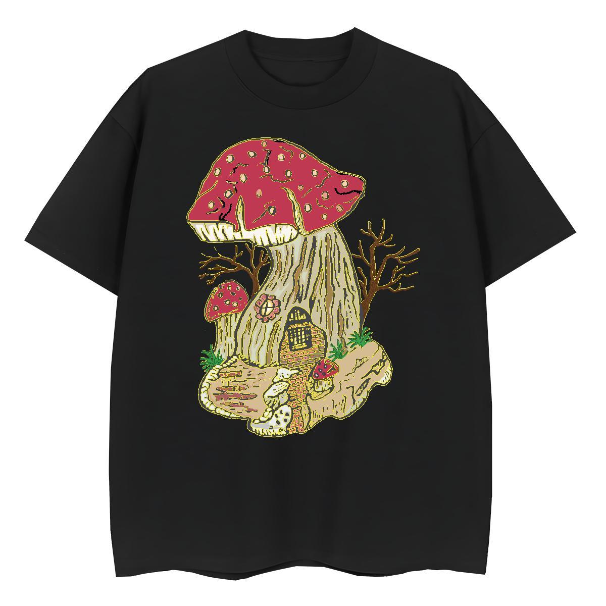 2024 Summer Men Tops Tees mushroom Daily Outfit 230g Pure Cotton Tees Shirts Breathable Short Sleeve Soft T-Shirts Black Oversized