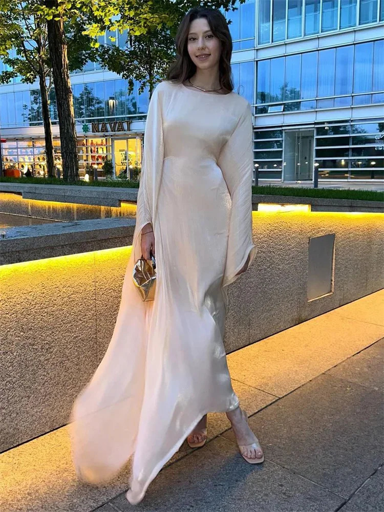Tossy Autumn Loose Shiny Maxi Dress Womens Butterfly Batwing Long Sleeve Muslim Clothes Party Dress Solid Female Long Dress 240824