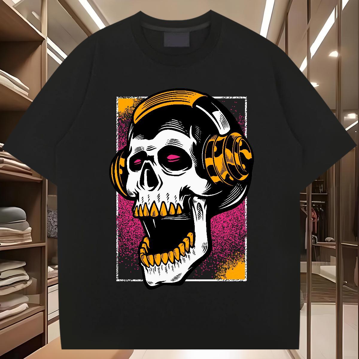 High Quality T Shirts Men 230g Pure Cotton skull Beach DIY Printed O Neck Short Sleeves Tshirt for Man Woman Fashion Clothings