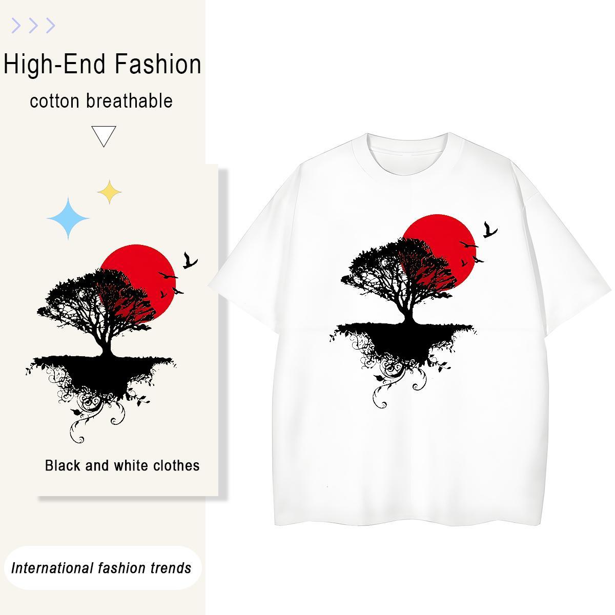 New Arrival Men Tshirts tree Daily Outfit 230g 100% Cotton Tees Shirts Breathable Crew Neck Loose Mens T Shirts Plus Size Cartoon
