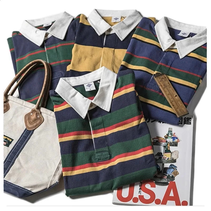 Non inventory Ivy League fashion striped polo shirt retro preparatory style mens long sleeved Tshirt 240823