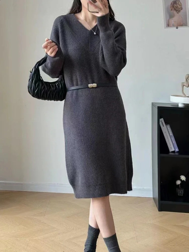 Party Temperament Slim Tweed Long Sleeved Woman knit Dress Vintage V-Neck Overknee Maxi Dresses for Women Vestidos Winter 240824