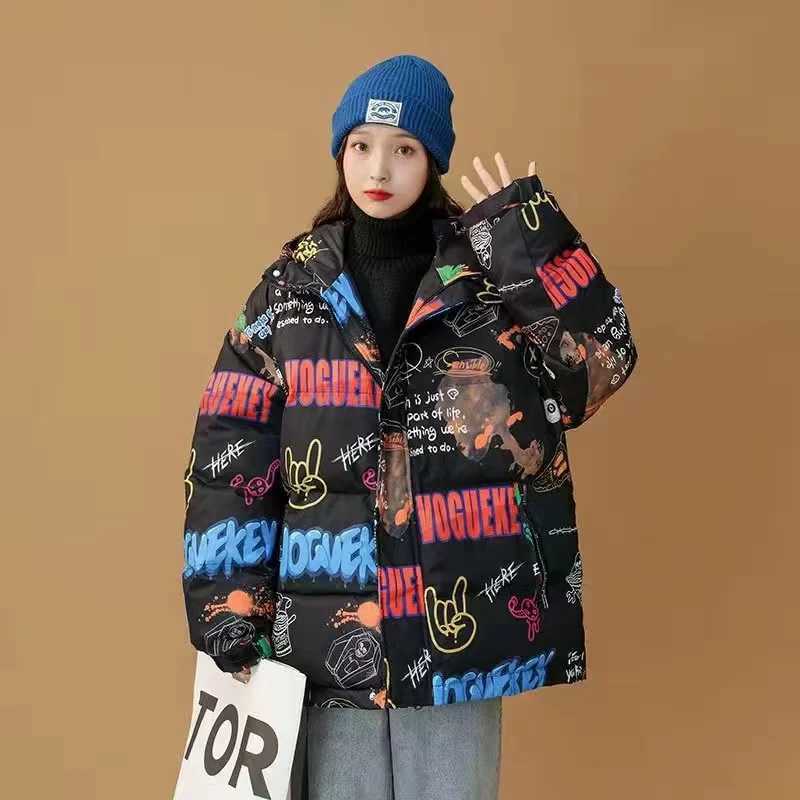 Women's Down Parkas Fashion Y2K T-shirt Printed Hooded Puff Jacket Womens Kavay Cartoon Casual Zipper Jacket Womens Winter Thick Warm Jacket Y240