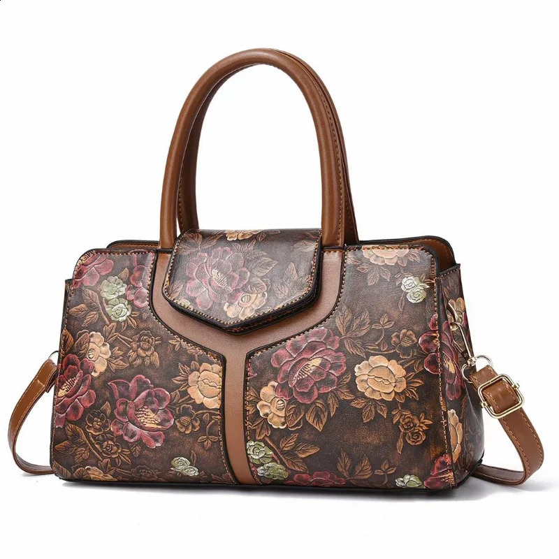 Fashion shoulder bag womens retro floral pattern portable handbag PU Communicating Boston womens cross body handbag 240904