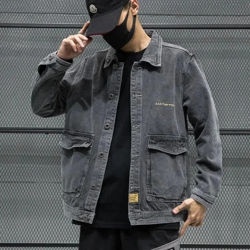 Mens denim jacket black button cargo mens Jean Coats fashionable G onepiece loose original rock board elegant classic 240824