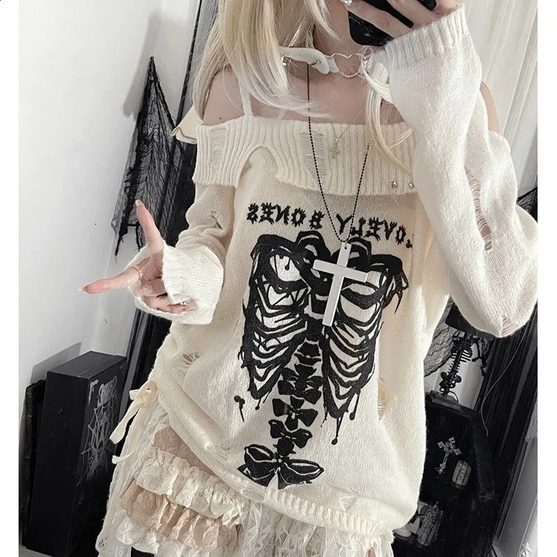 Deeptown Gothic Y2k Women Sweater Off Shoulder Pullovers Harajuku Anime Graphic Knitwear Hollow Out Kint Spring Oversize Jumper 240824