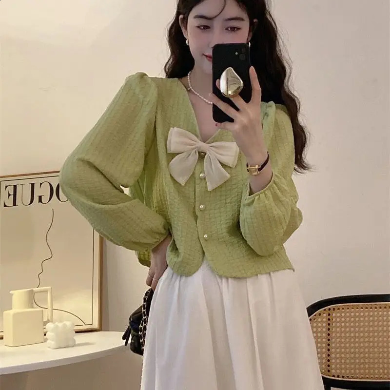 French Style Shirts Women V-neck Bow Long Sleeve Loose Solid Sweet Clothing Spring Autumn n Casual Commuting Fashion 240823