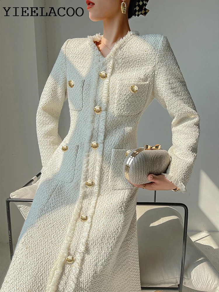 Off white tweed dress spring / autumn womens dress tassel ladies slim bottoming dress one-piece 240824