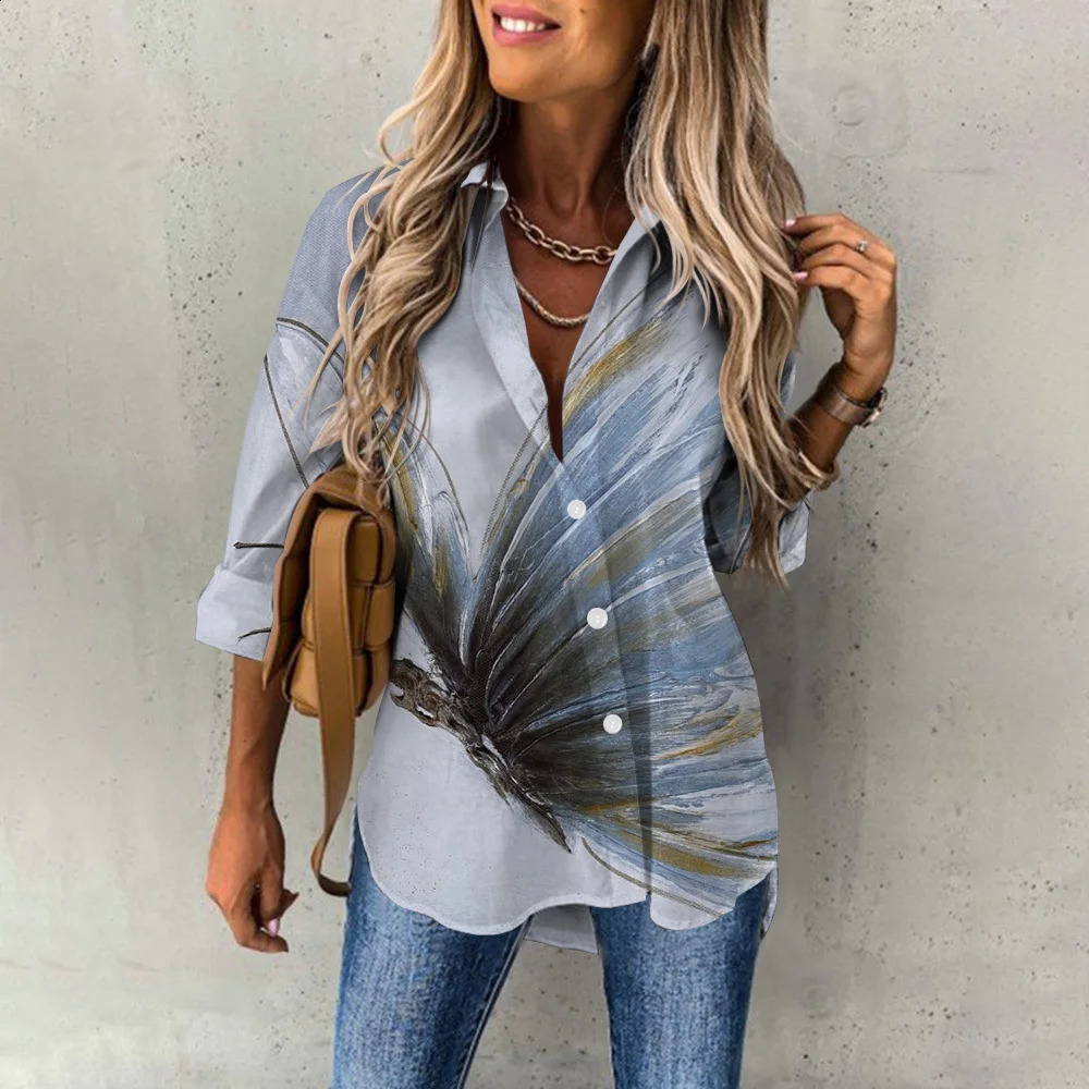 Elegant Womens Blouse Oil Painting Floral Printing Long Sleeves Trendy Lapel Button Up Shirts Blusa Mujer Office Daily Tops 240823