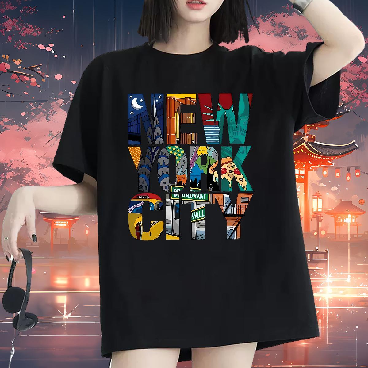 Female Women Tshirts 230g Pure Cotton New York Home Outdoor Woman T Shirts Breathable Crew Neck DIY Anime Printed Clothes