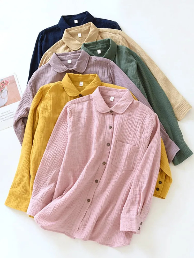 Retro 100 Cotton Shirt Blouses For Women Fashion Casual Turn Down Collar Long Sleeve Top Blusas Mujer Gratis 240823