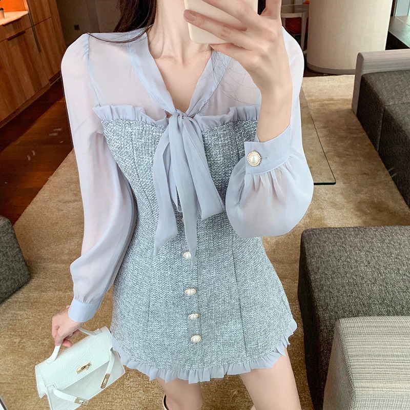 Womens Autumn Fragrant Chiffon Patchwork Tweed Long Sleeved Dress Elegant Party Vestidos 240824