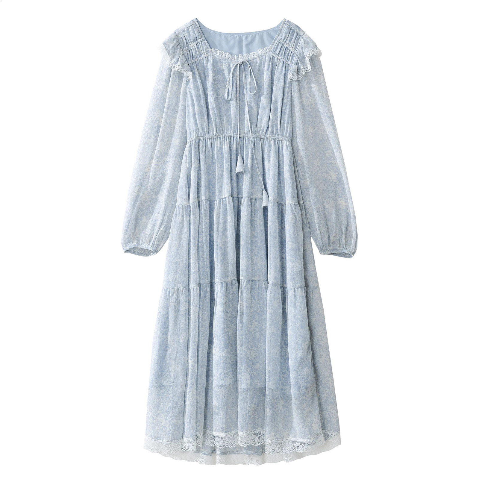 ALXNAN Women Spring Frenchy Ditsy Floral Tierred Dress Female Chic Lace Trim Long Sleeve Elastic Waist Dresses Woman L33762 240824