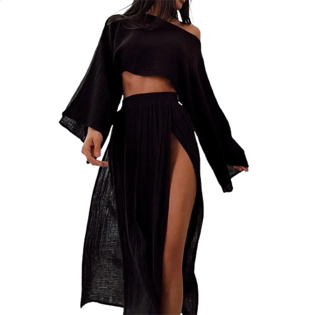 2 Pcs/Set Women Crop Top Skirt Set Long Sleeve Slant Neck Short Top High Waist Split Skirt Solid Color Club Party Top Skirts Set 240823