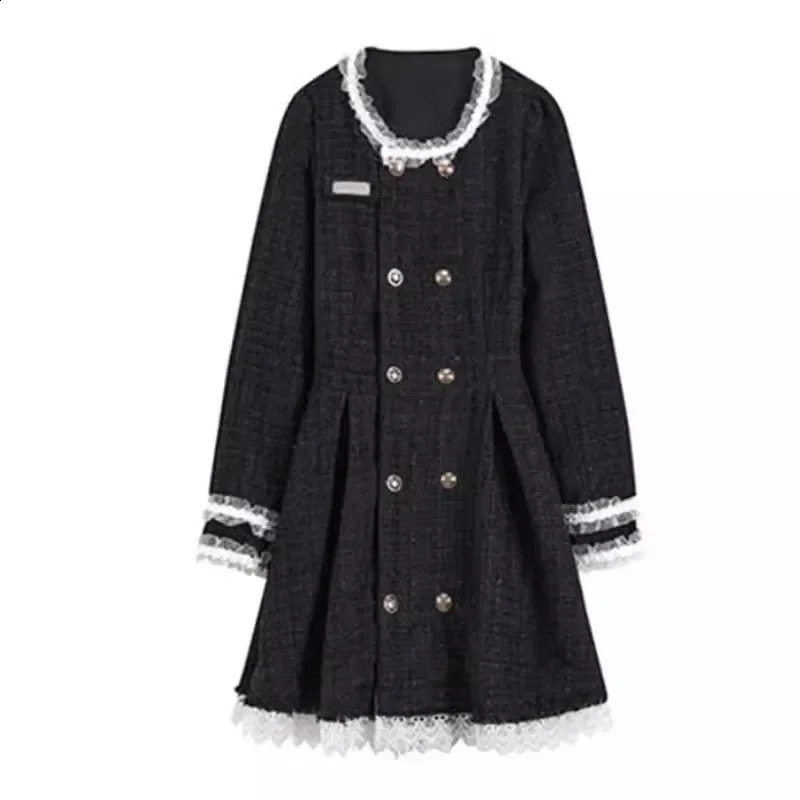 Tweed Princess Dress Black Retro Long Sleeve Casual A-line Dresses French Hepburn Style Vintage Sweet Skirts Chic Female Clothes 240824