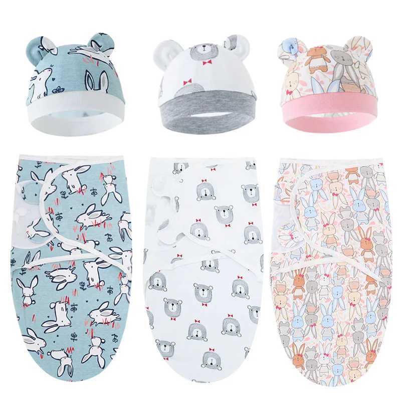 Bunny Bear Newborn Sleeping Bag Hat Set Cotton Cartoon Baby Swaddle Wrap Newborn Blanket Swaddles Baby Bedding Accessories M240824