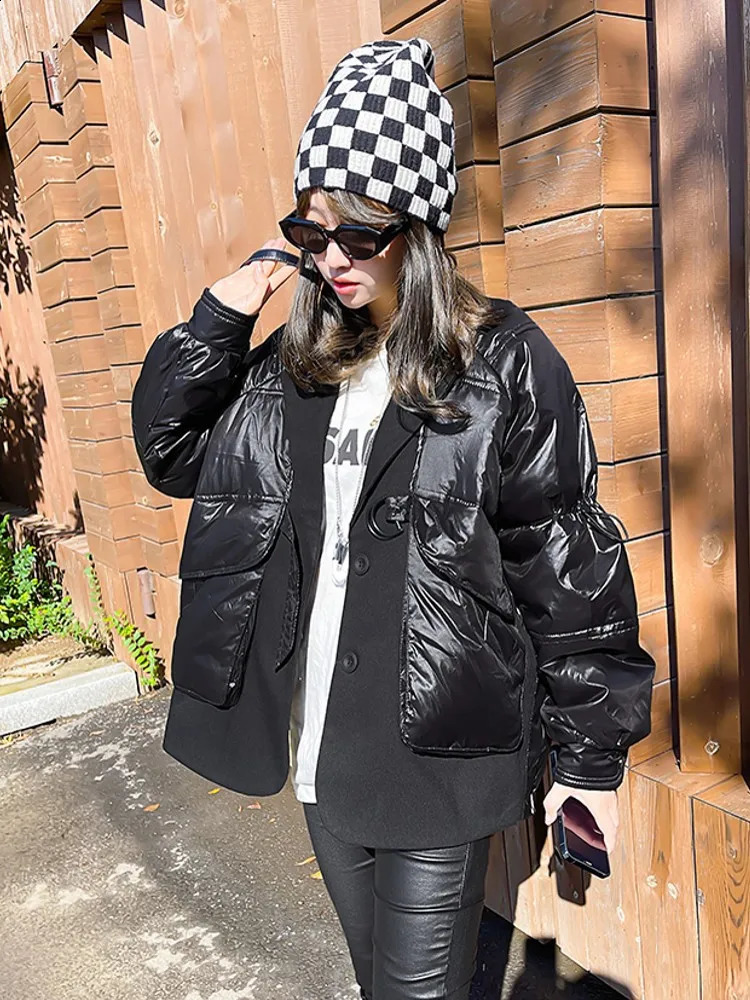 Womens ultrafine loose jacket black patchwork pocket casual thick warm Parka womens twopiece 240823