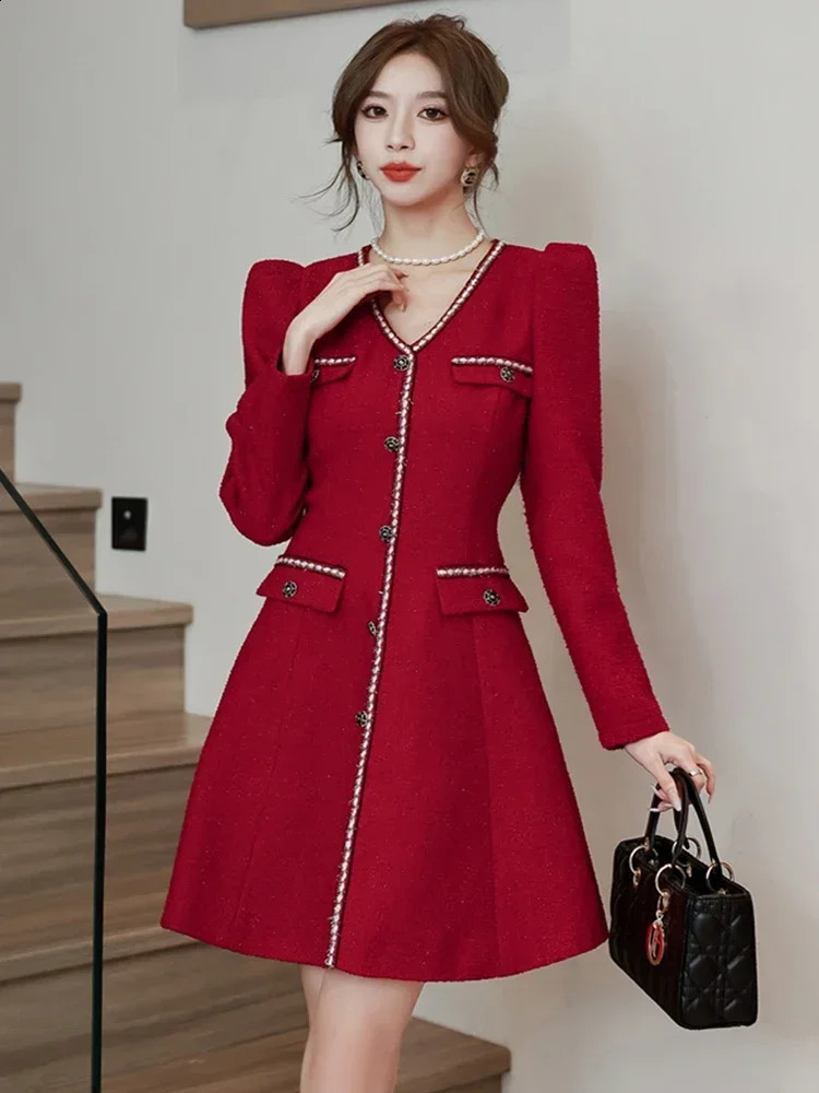 High Quality Red Tweed Dress Women Elegant V-neck Puff Long Sleeve Vintage Woolen Evening Party Dresses Christmas Vestidos 240824