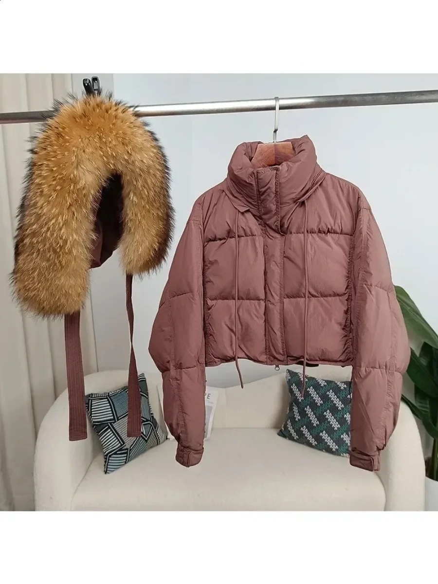 Winter Womens Jacket Detachable Genuine Fox Fur Raccoon Collar Thick Duck Down Loose Street Clothing 240823
