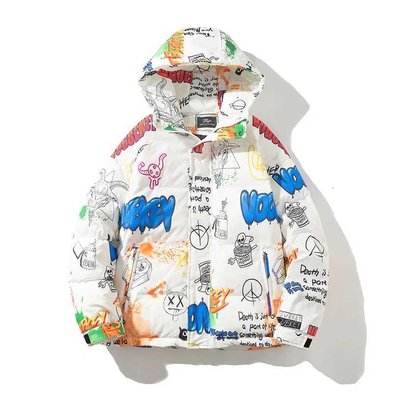 Women's Down Parkas Fashion Y2K T-shirt Printed Hooded Puff Jacket Womens Kavay Cartoon Casual Zipper Jacket Womens Winter Thick Warm Jacket Y240
