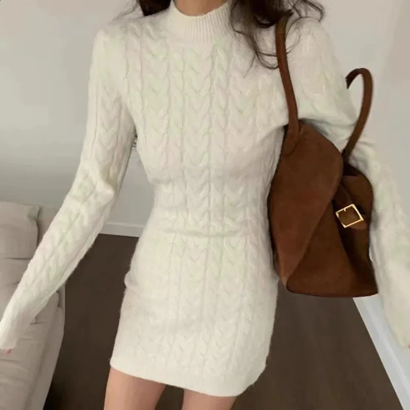 Early Spring Arrival Sexy Half-polo/turtle Neck Open-back Strapless Slimming Long Sleeve Knit Dress For Women 240823
