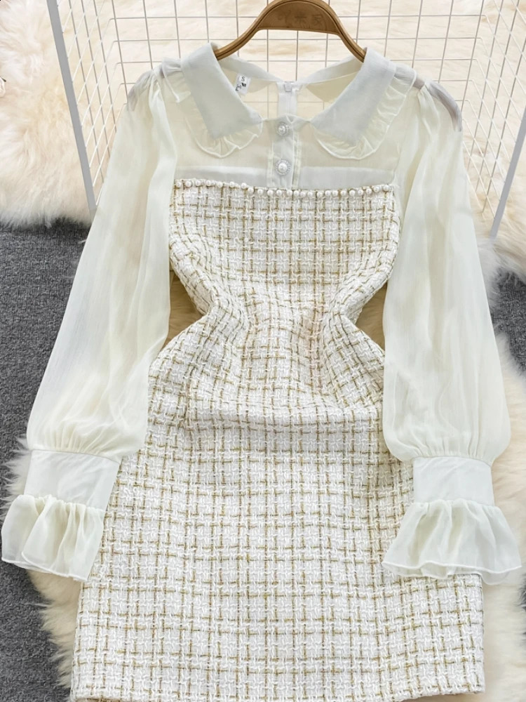 Autumn Elegant Mini Dress for Women Bodycon Tweed Patchwork Long Sleeve Beading Slim Female Tarf Chic Vintage Robe Party 240824