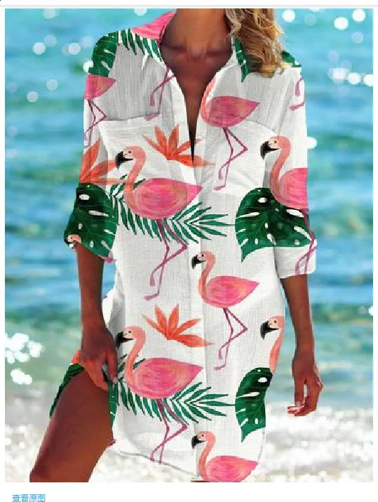 Flower Bird Print Blouse Button Up Long Sleeve Shirt Blouses Women Fashion Long Blouse Bohemian Vocation Shirts Sunscreen Loose 240823