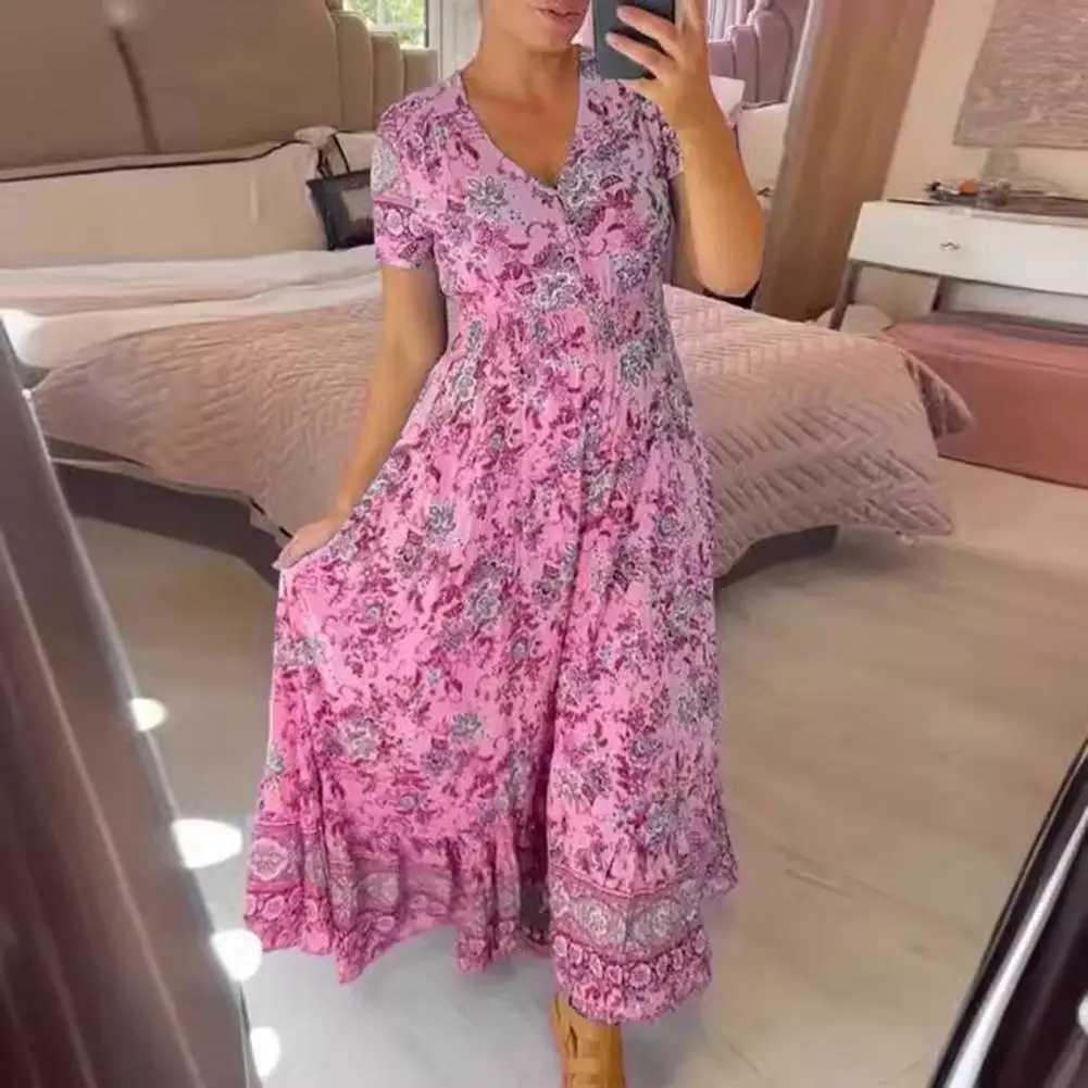 Basic Casual Dresses Floral Printed Dress Floral Print V Neck Maxi Dress with Ruffle Edge High Waist A-line Silhouette for Dating or Beach Ankle Y2405