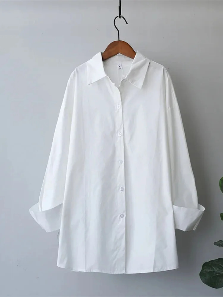 Casual Blouse Women Tops White Shirt Long Sleeve Turn Down Collar Button Up Causal Loose Oversized Cotton 100% Blue Tops 240823