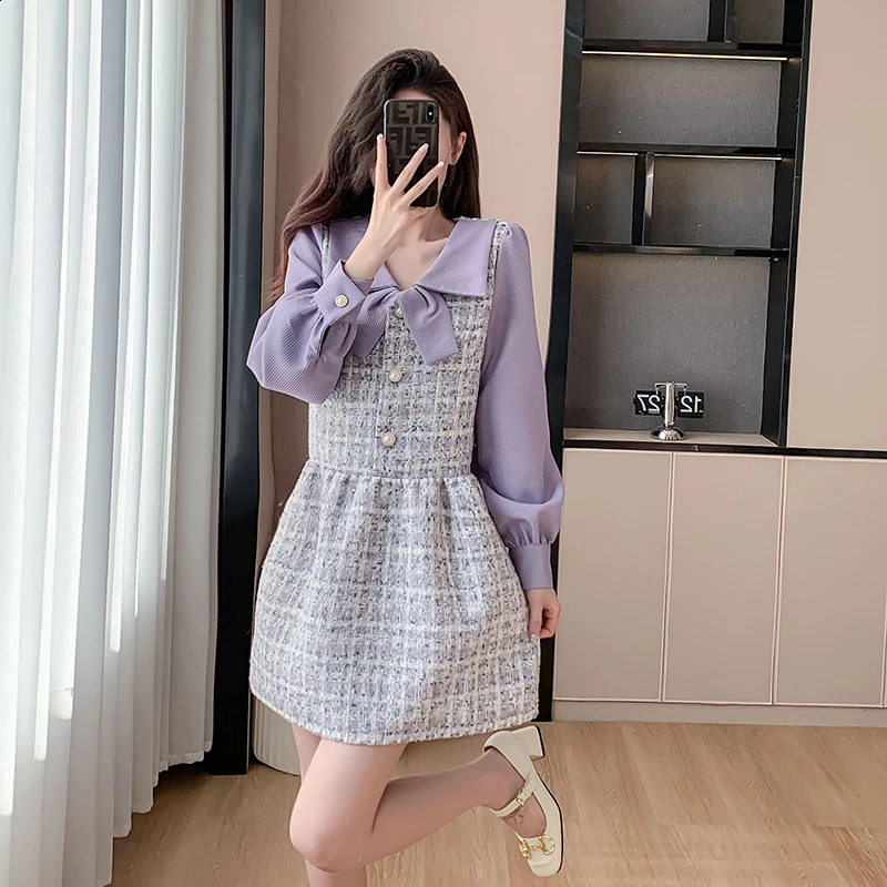 Purple Tweed Dress Women Small Fragrance Patchwork Long Sleeve High End A-line Mini Dresses Elegant Vestidos French Style 240824