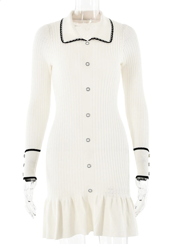 Fantoye Knitted Turn-down Collar Button Women Dress White Long Sleeve High Waist Dress Female Autumn Slim Casual Party Clubwear 240824